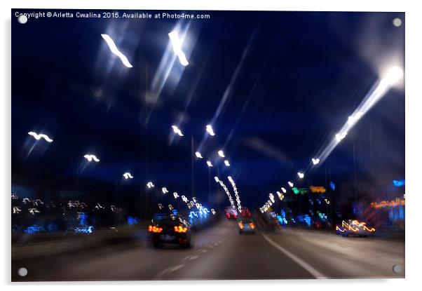 Cars motion street night lights Acrylic by Arletta Cwalina
