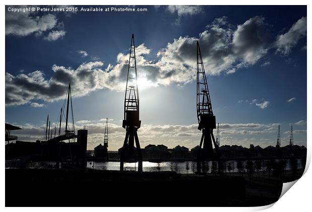 London Docklands Cranes Silhouette.  Print by Peter Jones