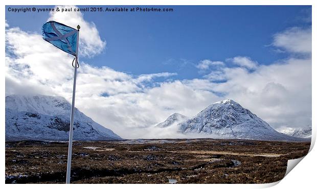  Glencoe & the Scottish flag Print by yvonne & paul carroll