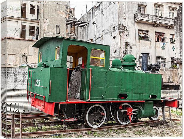  Green Steam Train in the centre of Old Havana Canvas Print by Philip Pound