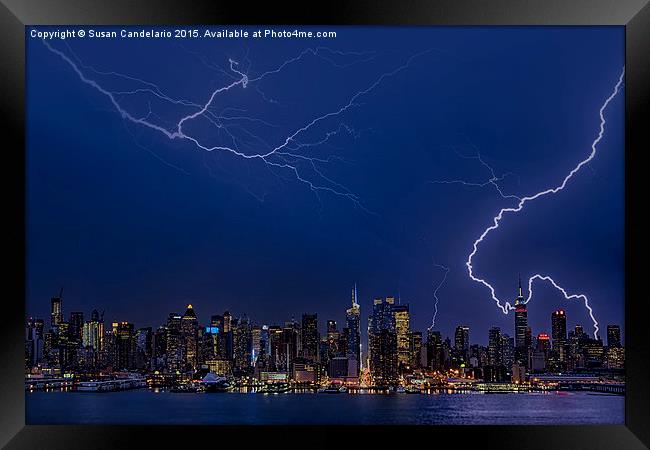 High Voltage in the  New York City Skyline Framed Print by Susan Candelario