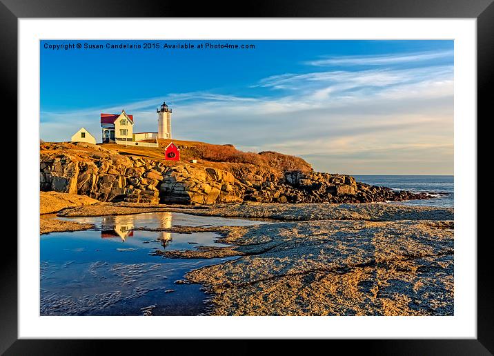 Nubble Lighthouse Reflections Framed Mounted Print by Susan Candelario