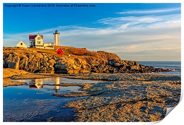Nubble Lighthouse Reflections Print by Susan Candelario