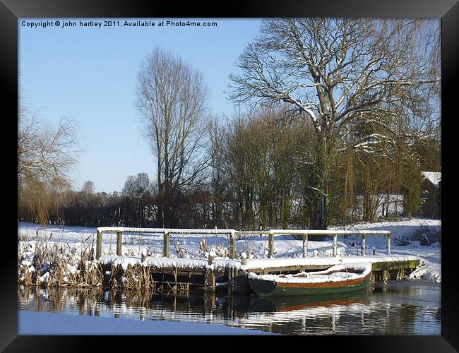  Snow on the Jetty River Wensum Norfolk Framed Print by john hartley