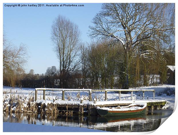  Snow on the Jetty River Wensum Norfolk Print by john hartley