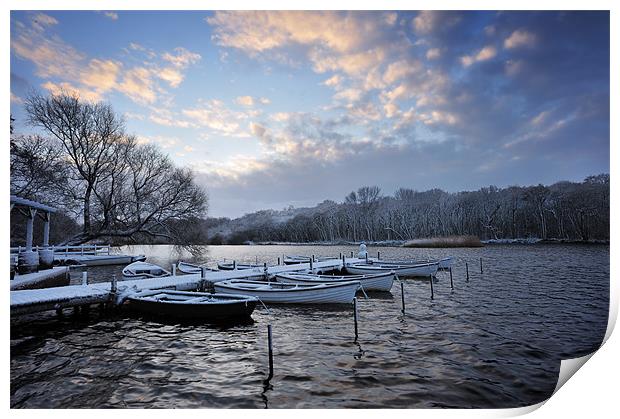 Rowing boats in Snow Print by Stephen Mole