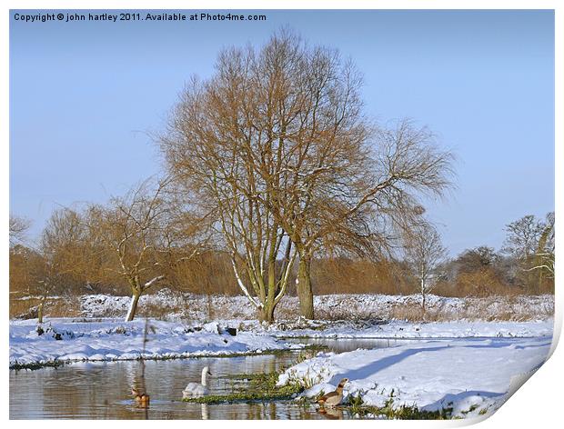 Winter snow scene by the River Wensum, Bintree Nor Print by john hartley