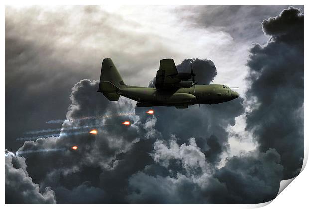 C-130 Popping Flares  Print by J Biggadike