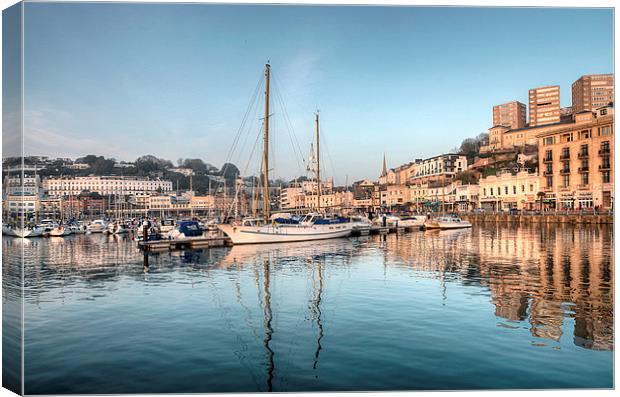  Early evening reflections at Torquay Harbour Canvas Print by Rosie Spooner