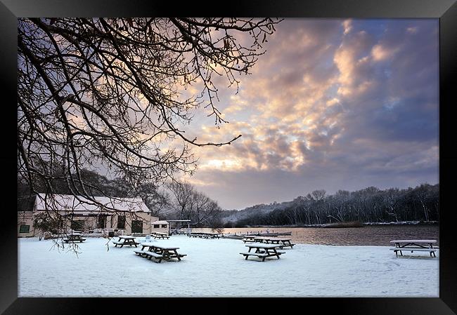 Benches in the snow Framed Print by Stephen Mole