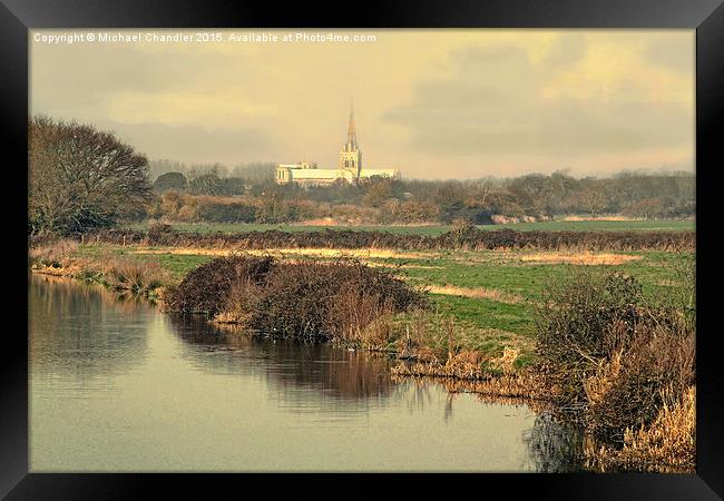  Chichester Cathedral, from the Hunston bridge Framed Print by Michael Chandler