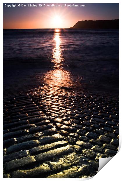  Sunrise over slipway at Robin Hood Bay Print by David Irving