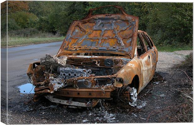 BURNT OUT CAR AT THE ROADSIDE Canvas Print by Ray Bacon LRPS CPAGB