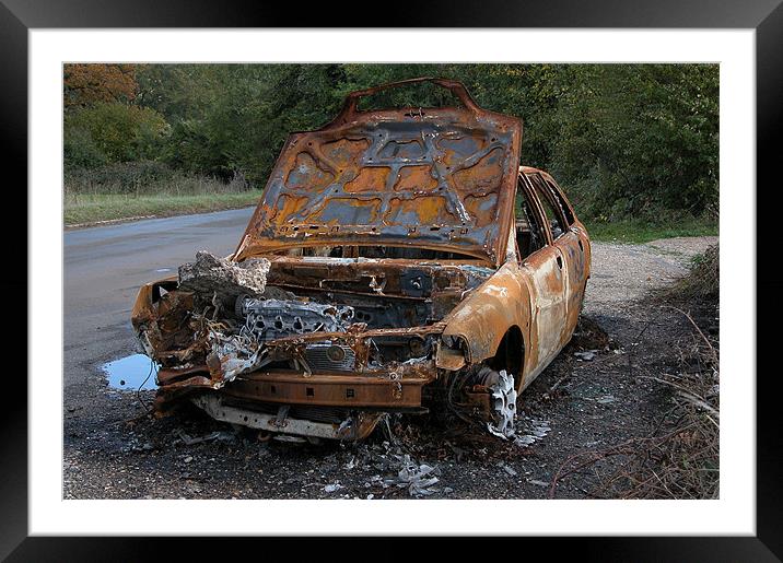 BURNT OUT CAR AT THE ROADSIDE Framed Mounted Print by Ray Bacon LRPS CPAGB
