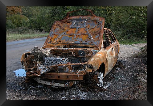BURNT OUT CAR AT THE ROADSIDE Framed Print by Ray Bacon LRPS CPAGB