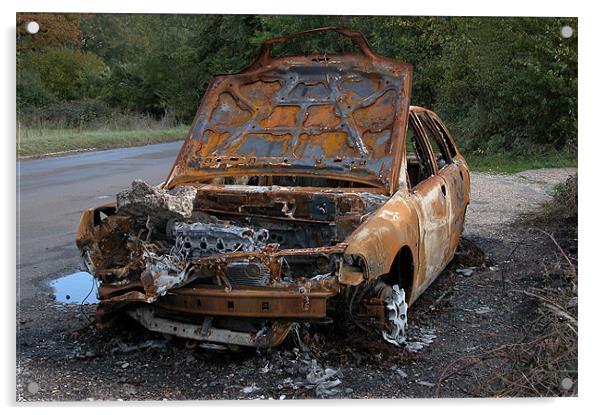 BURNT OUT CAR AT THE ROADSIDE Acrylic by Ray Bacon LRPS CPAGB