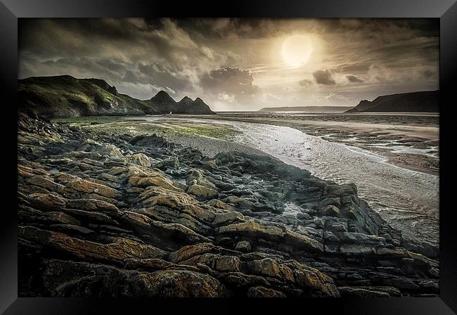  Moody Three Cliffs Bay Gower  Framed Print by Leighton Collins