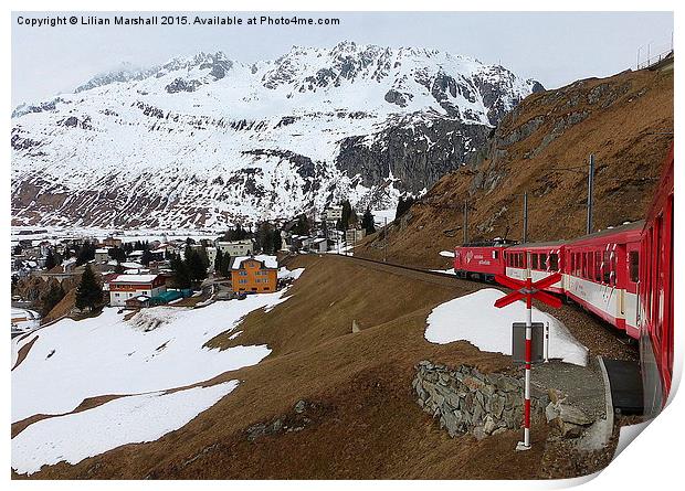  Train down from the Oberalp Pass. Print by Lilian Marshall