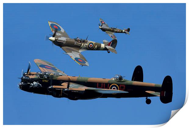 Lancaster Bomber and Spitfires Print by Oxon Images