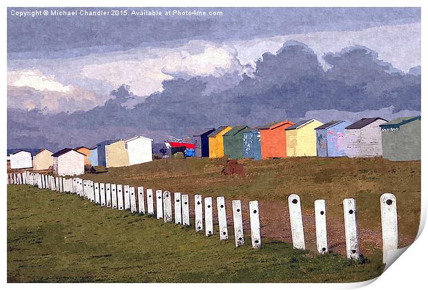  Littlestone Beach Huts painting Print by Michael Chandler