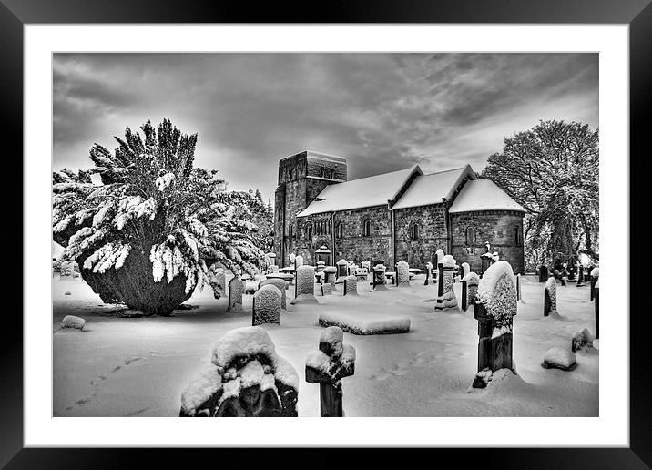 St Cuthbert's in the Snow B&W Framed Mounted Print by Tom Gomez