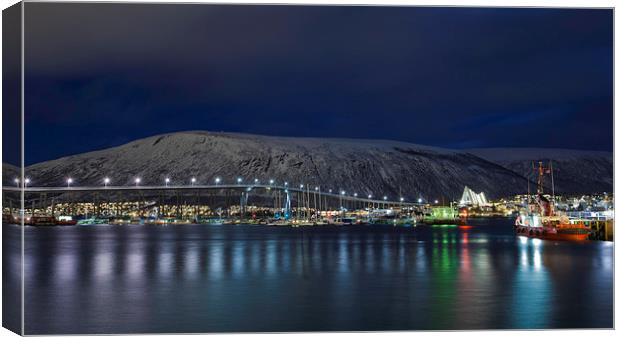  Tromso Harbour and Arctic Cathedral at Night Canvas Print by Nigel Jones
