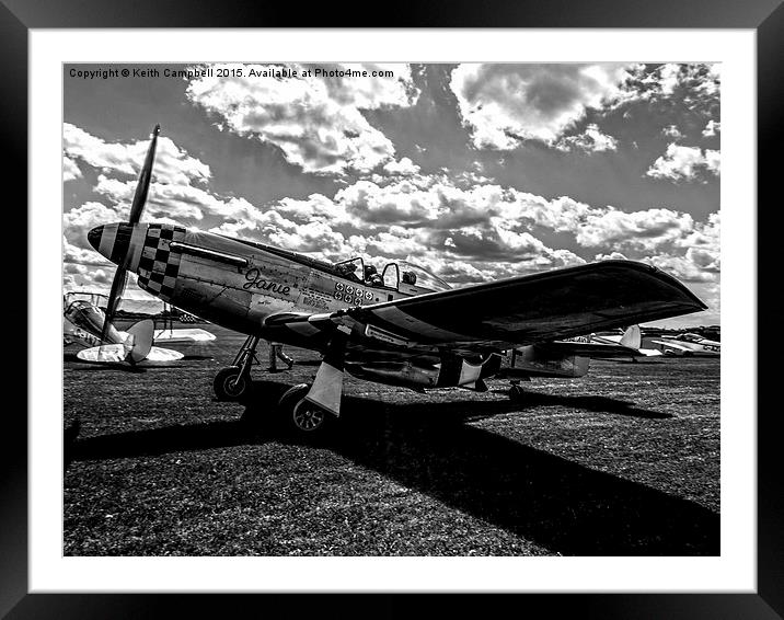 P-51 Mustang G-MSTG - Black and White Framed Mounted Print by Keith Campbell