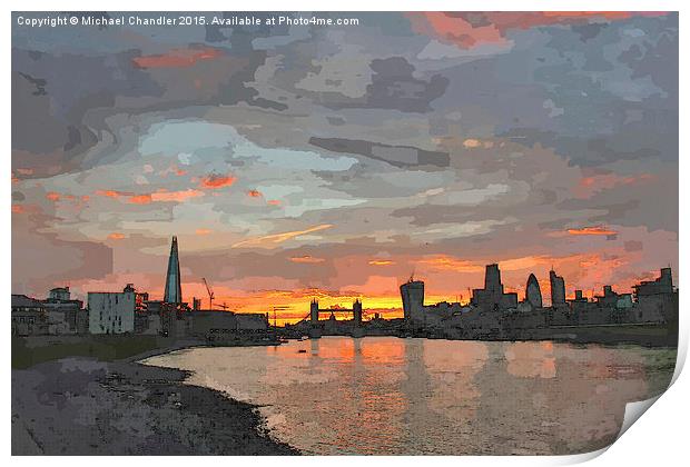  London skyline sunset. Digital water colour. Print by Michael Chandler