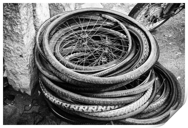 old bicycle tires and wheels Print by Brent Olson