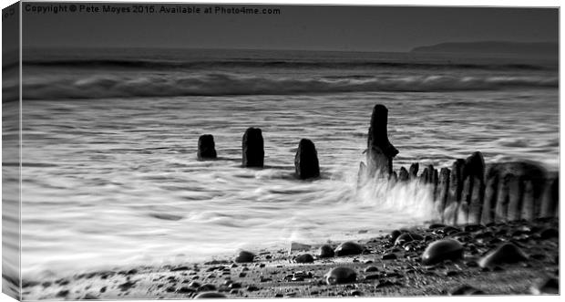 Misty Waves on The Groynes  Canvas Print by Pete Moyes