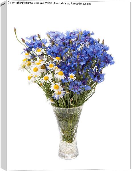 White camomile and blue cornflower in glass vase Canvas Print by Arletta Cwalina