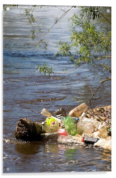 garbage plastic bottles damage river after flood  Acrylic by Arletta Cwalina