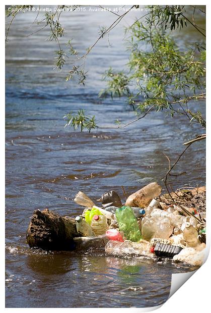 garbage plastic bottles damage river after flood  Print by Arletta Cwalina