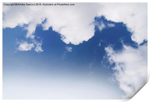 White cumulus clouds formation on blue sky  Print by Arletta Cwalina
