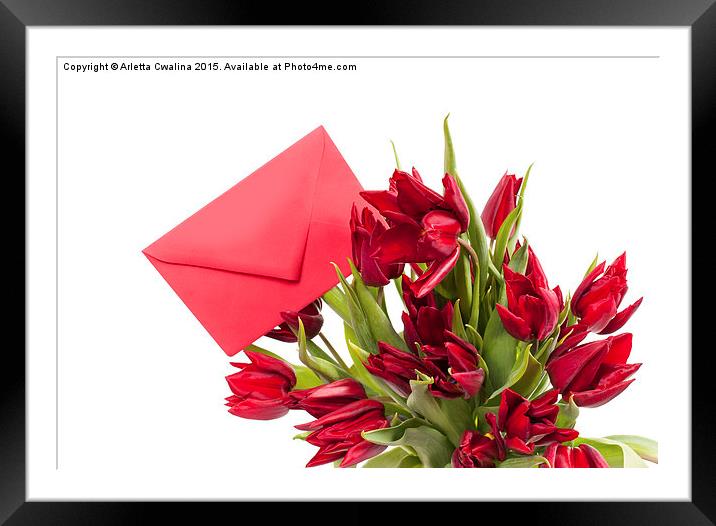 cut red tulips bouquet with red envelope gift  Framed Mounted Print by Arletta Cwalina