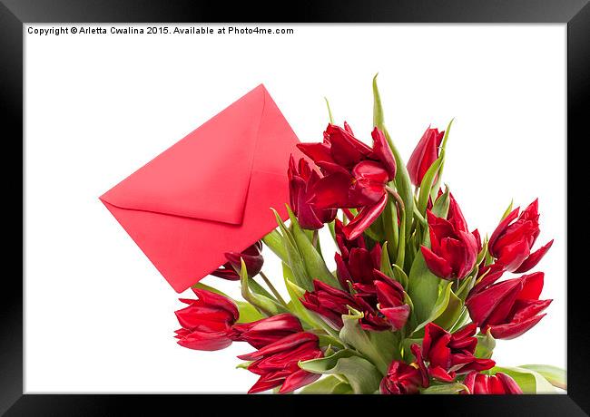 cut red tulips bouquet with red envelope gift  Framed Print by Arletta Cwalina