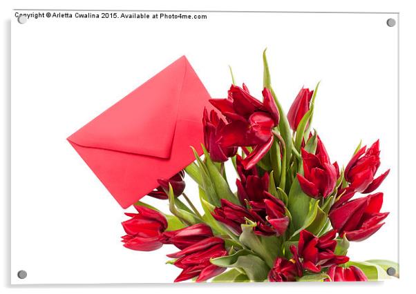 cut red tulips bouquet with red envelope gift  Acrylic by Arletta Cwalina