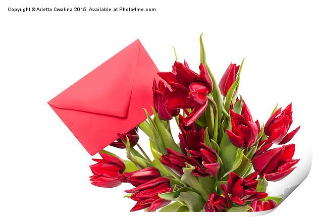 cut red tulips bouquet with red envelope gift  Print by Arletta Cwalina