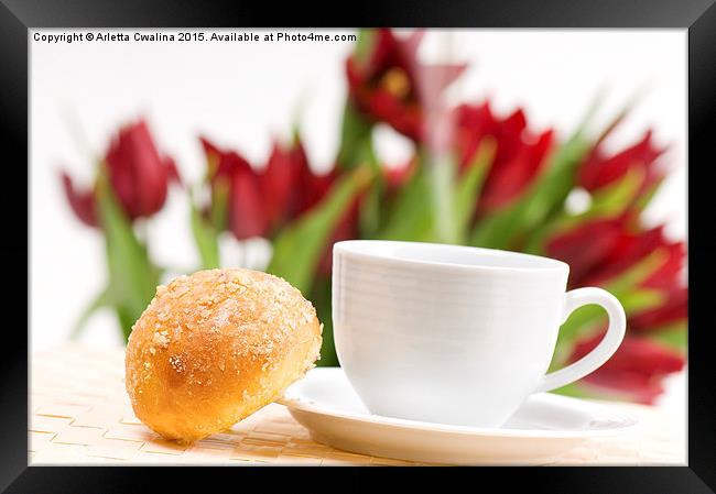ceramic cup of hot coffee and sweet baked roll  Framed Print by Arletta Cwalina