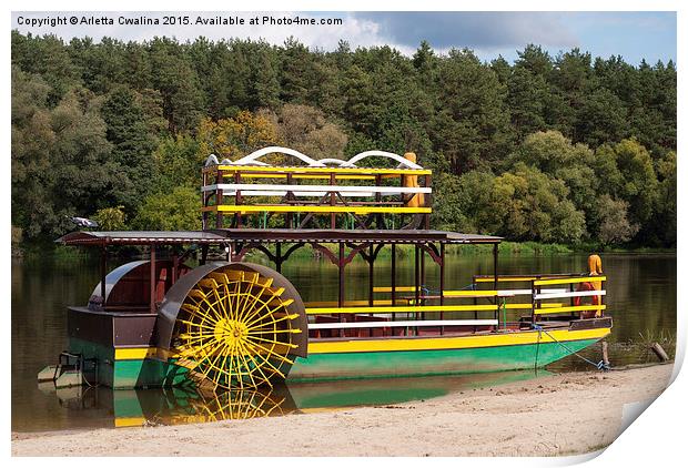 Sternwheeler moored on river strand attraction  Print by Arletta Cwalina