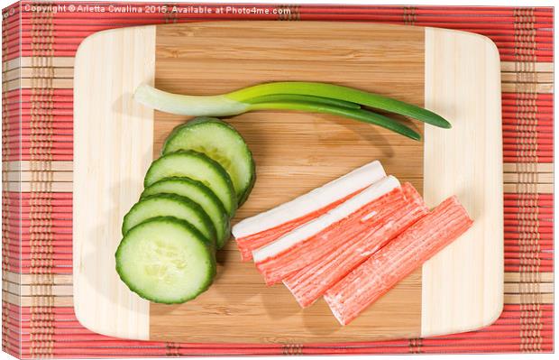 Crab sticks of surimi and cucumber with chives  Canvas Print by Arletta Cwalina