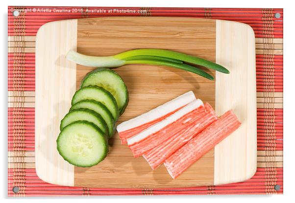Crab sticks of surimi and cucumber with chives  Acrylic by Arletta Cwalina
