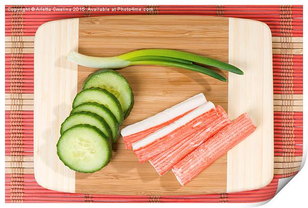 Crab sticks of surimi and cucumber with chives  Print by Arletta Cwalina