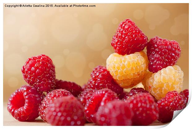 bright red and golden raspberry fruits Print by Arletta Cwalina