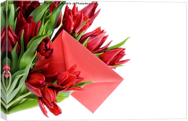 Red envelope in bouquet of red tulips  Canvas Print by Arletta Cwalina
