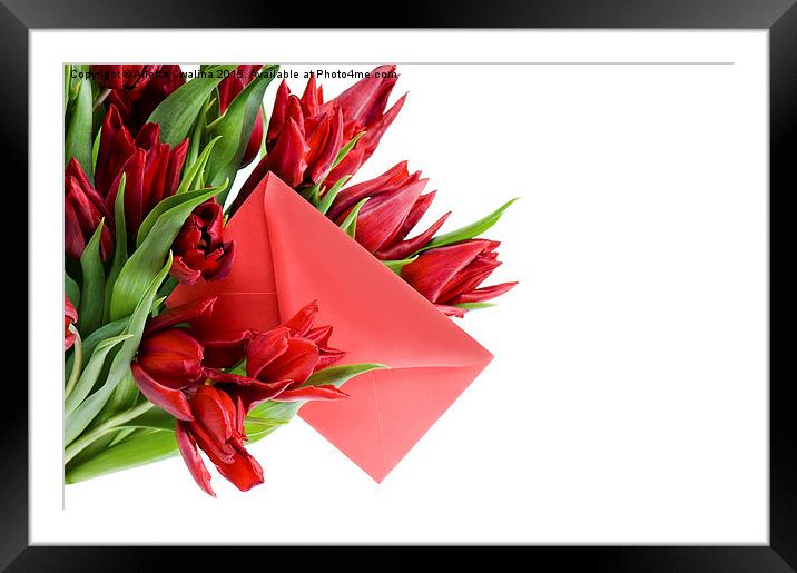 Red envelope in bouquet of red tulips  Framed Mounted Print by Arletta Cwalina