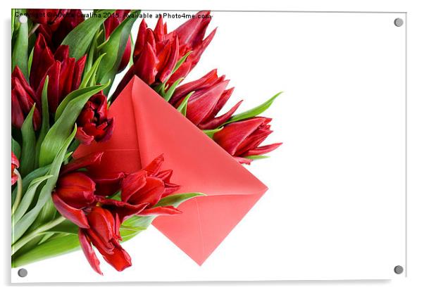 Red envelope in bouquet of red tulips  Acrylic by Arletta Cwalina