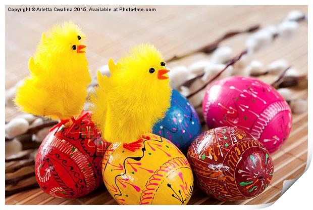 Easter eggs and yellow fluffy chickens Print by Arletta Cwalina