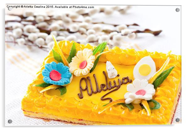 Catkins and yellow decorative Easter cake  Acrylic by Arletta Cwalina