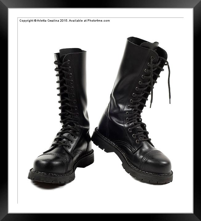 Pair of black leather bovver boots with laces  Framed Mounted Print by Arletta Cwalina